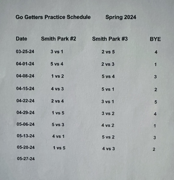 Smith Park Spring 2024 Practice Schedule